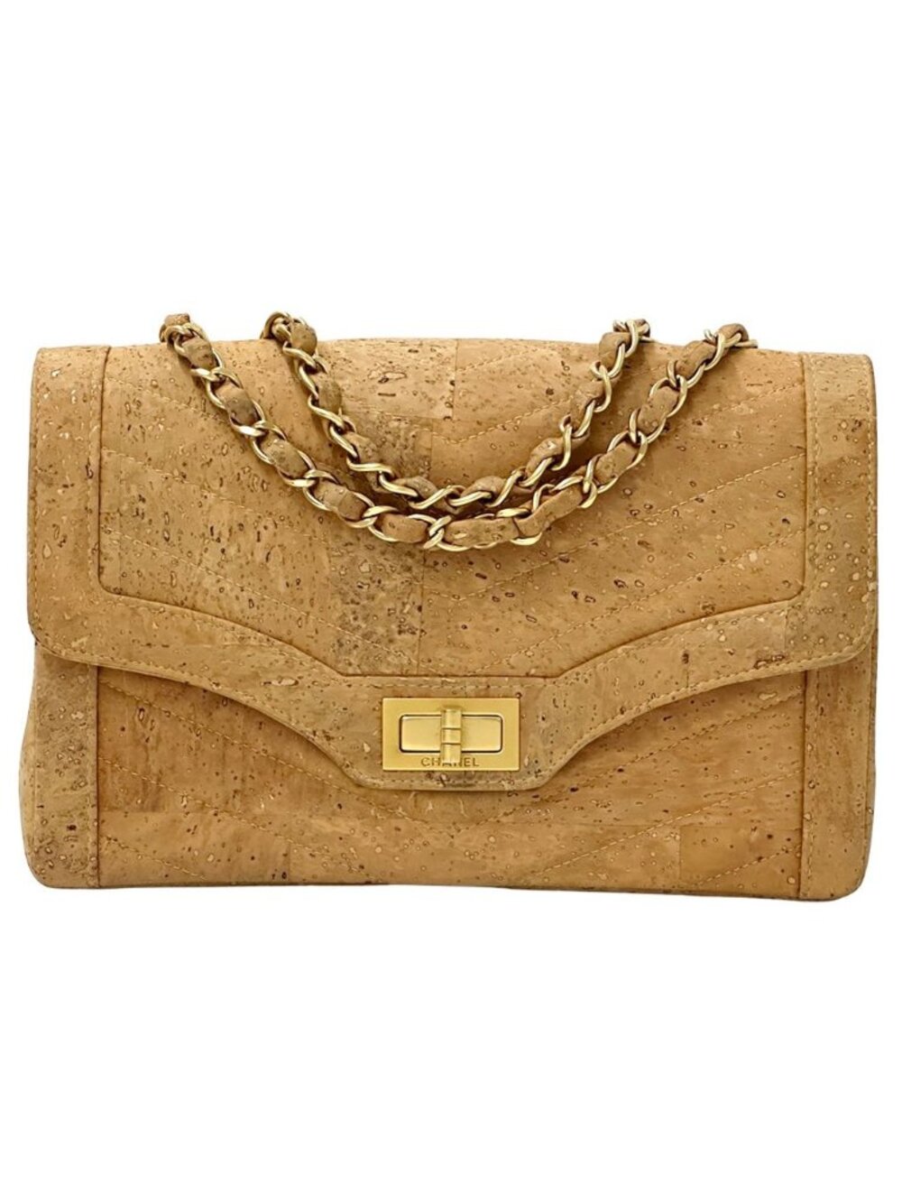 Chanel 2.55 She Blanc Shoulder Bag Cork Leather Beige Gold V-stitch Mademoiselle